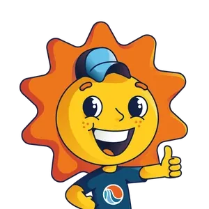 Sol, mascote do Por do Sol, com o polegar para cima